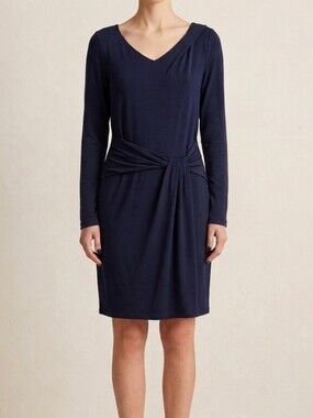 Slim-Fit Navy Long-Sleeve Gathered Waist Dress